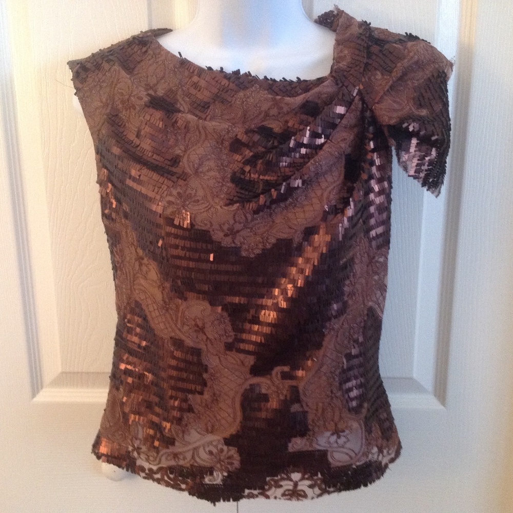 Anthropologie Ava Franco Lace Sequin Fully Lined Copper Color Zip Top
